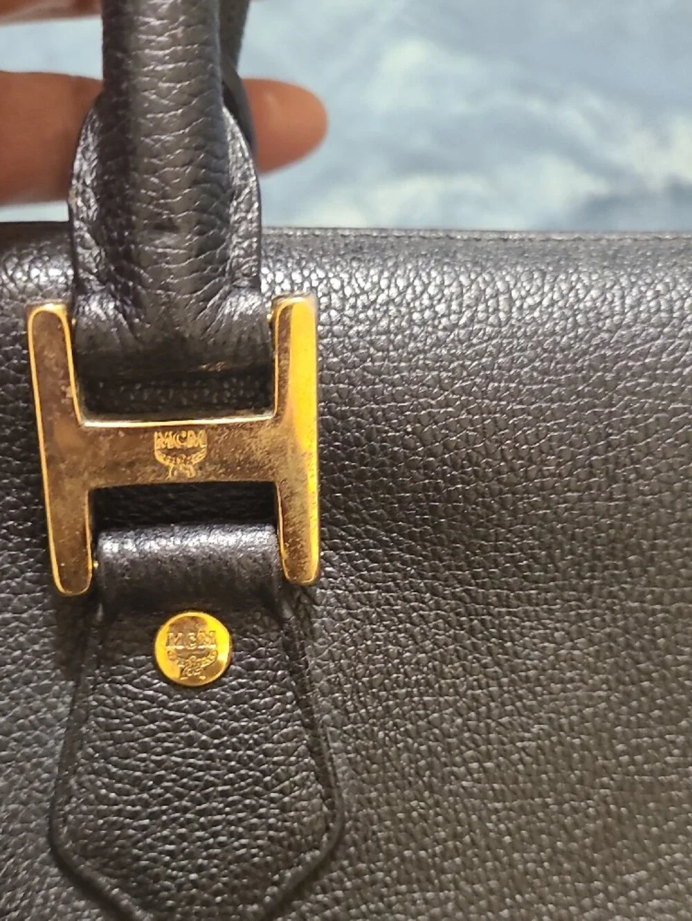 MCM Black Leather Bag with Gold Logo Plate